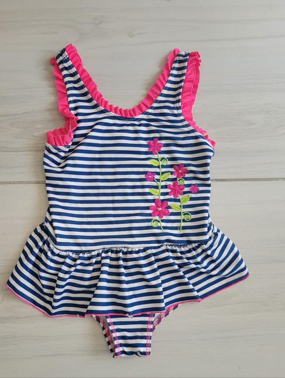 Girls Navy Stripe Ruffle One-Piece Swimsuit w/ Pink Floral Accents Size 6